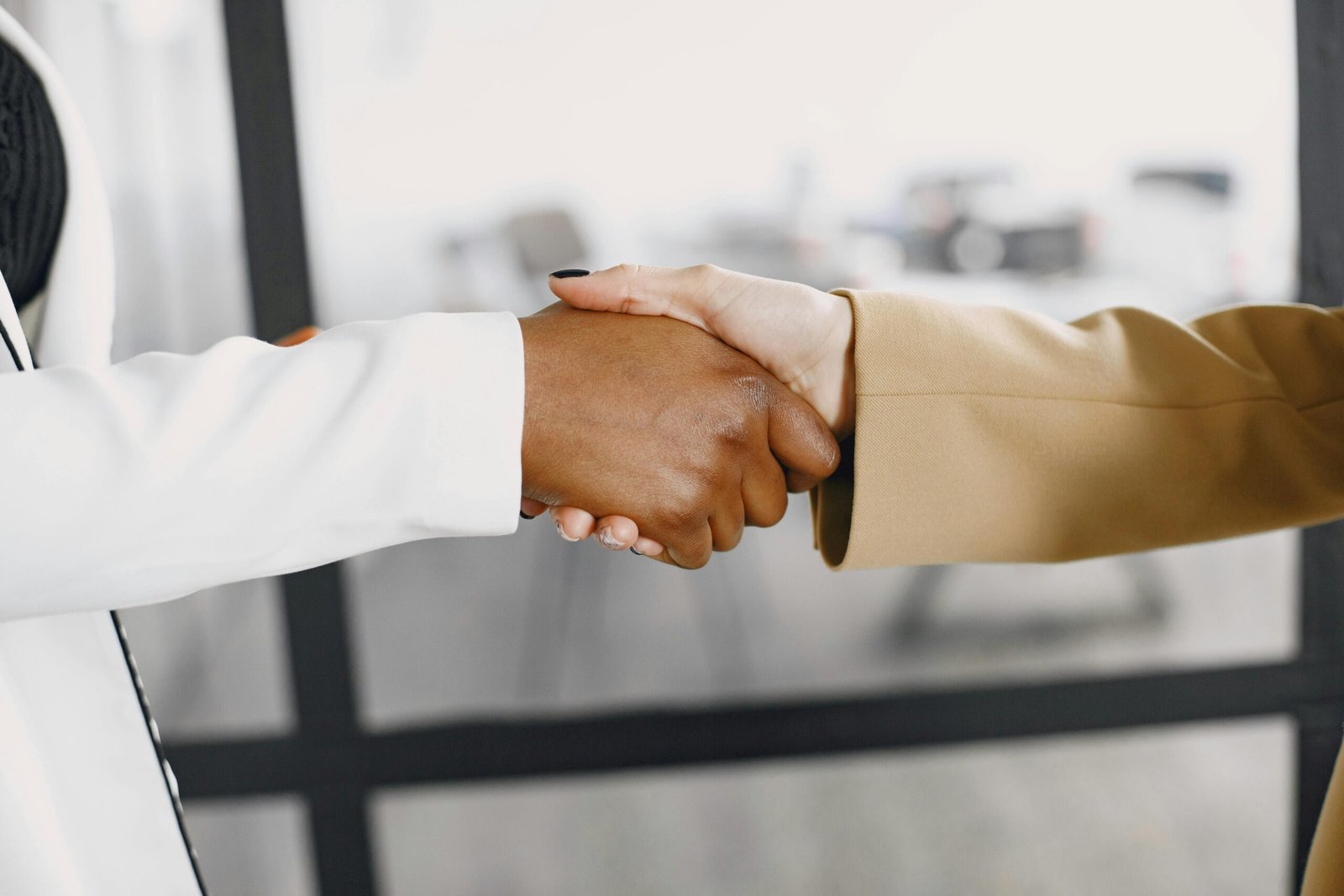 Close-up of a handshake between diverse business professionals indoors.